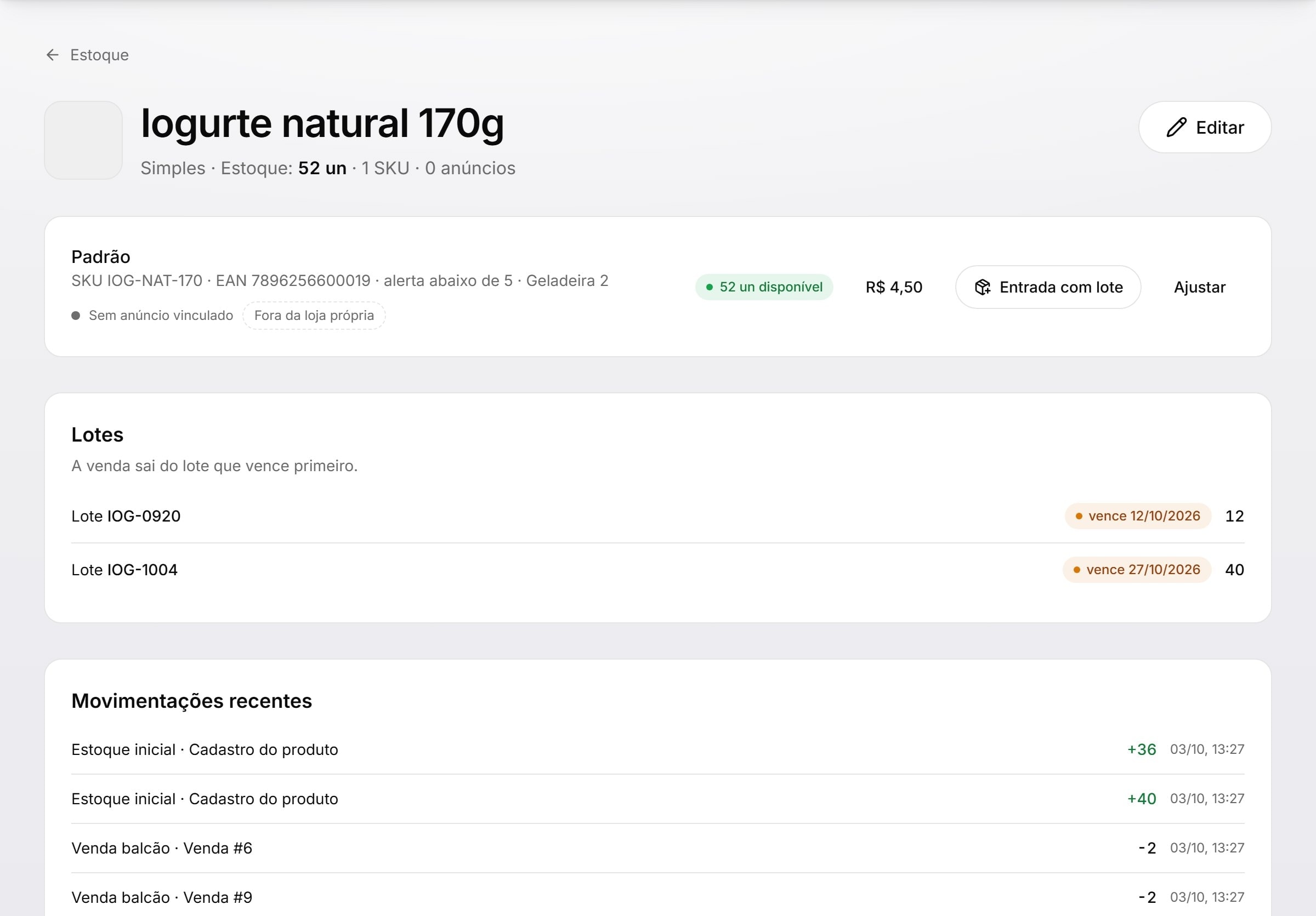 Iogurte com dois lotes e as datas de validade destacadas; a venda sai do lote que vence primeiro